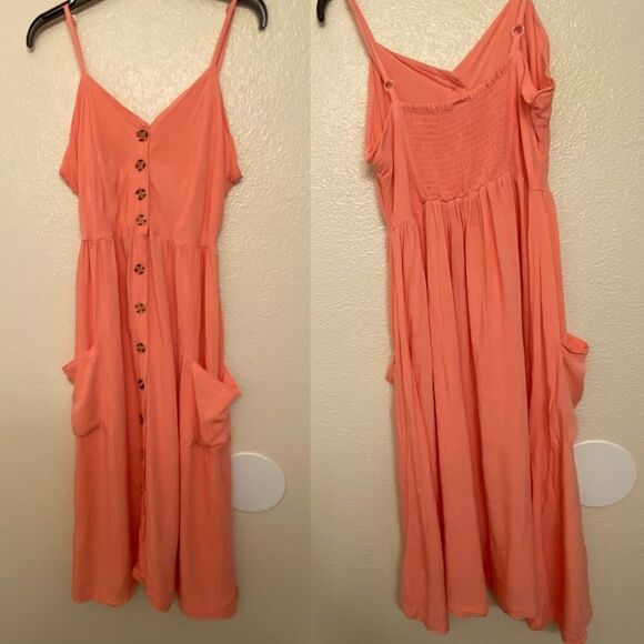 Coral smocked Prairie boho feminine romantic lagenlook button front midi dress L - Picture 1 of 15